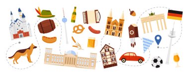 Almanya 'ya seyahat, Alman kültür unsurları ve simgeleri, turizm rotasındaki Ekim Festivali yiyecek ve birası. Brandenburg Gate ad Reichstag, Berlin TV Kulesi ve geleneksel ev çizimi vektör illüstrasyonu