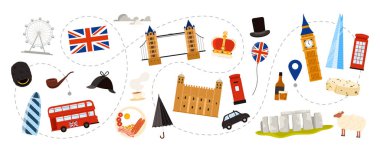 Birleşik Krallık 'a seyahat, kültür unsurları ve dönüm noktası, turizm rotasındaki doğa. London Eye and Tower Köprüsü, kırmızı telefon kulübesi ve İngiliz kahvaltısı, Bearskin şapka, Crown çizgi film vektör çizimi