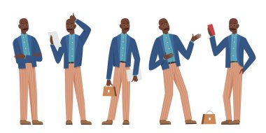 Farklı profesyonel pozisyonlardaki Afro işadamı, izole edilmiş beyaz arka plan çizimi üzerinde duruyor