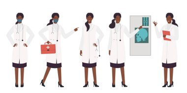 Farklı mesleki pozlarda Afro kadın doktor, beyaz arkaplan vektör illüstrasyonunda izole