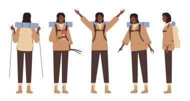 Beyaz arka plan illüstrasyonunda izole edilmiş sırt çantalı Afrika kökenli Amerikalı kadın turist