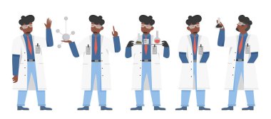 Laboratuvar önlüklü Afrikalı Amerikalı bilim adamı farklı bilimsel görevler yapıyor, izole edilmiş vektör çizimi.