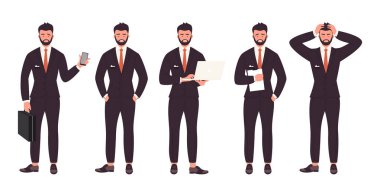 Beyaz arkaplan vektör illüstrasyonunda izole edilmiş, aygıtlar ve belgelerle farklı pozlar veren işadamı