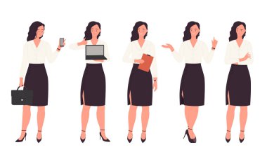 Kendine güvenen iş kadını beyaz arka planda poz veriyor, izole edilmiş vektör çizimi