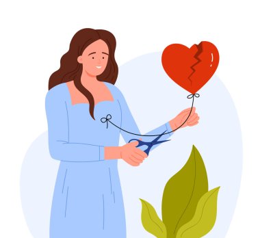 Mavi elbiseli kadın kırık kalp balonu ipini kesiyor, duygusal rahatlamayı sembolize ediyor, izole edilmiş vektör çizimi.