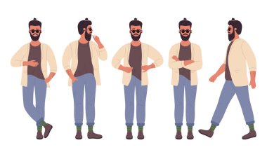 Çeşitli pozlardaki şık hipster adam izole edilmiş beyaz arka plan çizimi üzerinde duruyor.