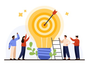 İş ekibi, fikir ve hedef başarısını ampulle kutluyor ve izole edilmiş beyaz arka plan illüstrasyonunda yenilik ve başarıyı sembolize eden hedefi hedefliyor