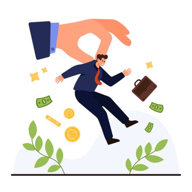 Bir iş adamının elinde para, evrak çantası olan dev bir el tarafından kaçırıldığını ve çevresinden ayrıldığını gösteriyor. Hakların kaybedildiğini ya da adil davranılmadığını simgeliyor.