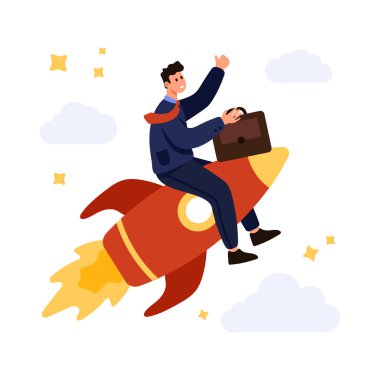 Takım elbiseli kendine güvenen iş adamı, iş büyüme konsepti çizimi için izole edilmiş beyaz arka planda başarı, hırs ve hızlı başarıyı simgeleyen evrak çantasıyla roket sürüyor.