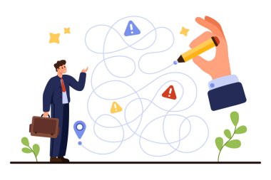 Karışık kariyere sahip işadamı, uyarı işaretleri ve konum işaretiyle karşı karşıya, izole edilmiş beyaz arka plan illüstrasyonunda mesleki büyüme alanındaki zorlukları ve kararları sembolize ediyor