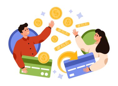 İnsanlar kredi kartı değiş tokuşu yapıyor, para ödüllerini uçan paralar ve dolar sembolleriyle finans ve tasarruf konsepti çizimi için beyaz izole edilmiş arka planda alıyorlar.