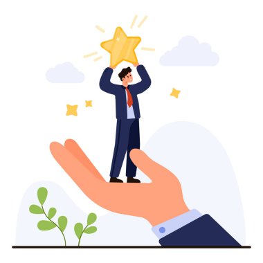 Destekleyici el ele tutuşan iş adamı, çalışanların refahını, tanıma motivasyonunu ve izole edilmiş beyaz arka plan çizimindeki başarıyı sembolize ediyor.