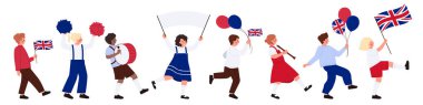 İngiliz bayrakları, balonları ve enstrümanlarıyla yürüyen çocuklar, Beyaz arka plan gösteriminde izole edilmiş Birleşik Krallık geleneğini kutluyorlar.