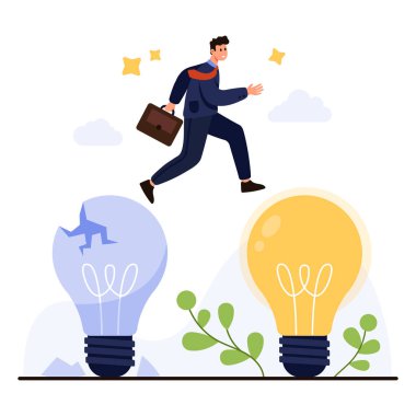 Kendinden emin iş adamı, ilerlemeyi, yeniliği simgeleyen kırık bir ampulden parlayan bir ampule atlar ve izole edilmiş beyaz arka plan çizimi üzerinde başarıya doğru ilerler.