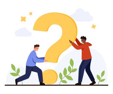 İki farklı insan, izole edilmiş beyaz arka plan çizimi üzerinde merak, sorun çözme ve takım çalışmasını temsil eden dev bir sarı soru işareti sembolü tutmak için işbirliği yapıyor.