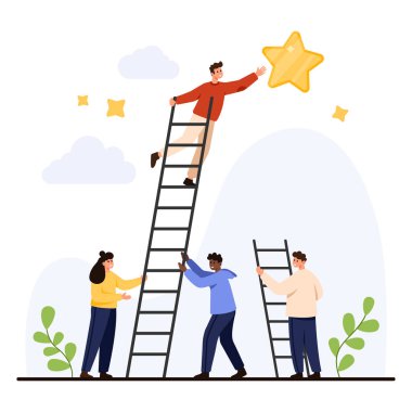 İş adamları, başarı takım çalışmasını sembolize eden bir yıldıza ulaşmak için merdivenleri kullanarak işbirliği yaparlar. Motivasyon ve liderlik vektörü çizimi için izole edilmiş beyaz bir arkaplanda destek verirler.