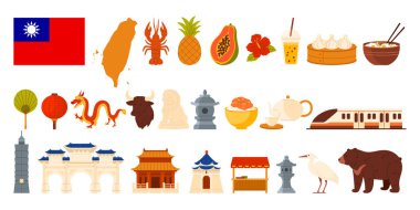 Bayrak, harita, ünlü yiyecekler, işaretler, hayvanlar ve kültürel semboller içeren Tayvan seti seyahat rehberleri, eğitim materyalleri ve turizm tanıtım vektörü ilülasyonu için mükemmel izole edilmiş.