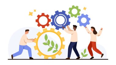 Vites ve yeşil yapraklarla birlikte çalışan insanlar, iş veya proje konsepti vektör çizimi için izole edilmiş beyaz bir arkaplan üzerinde takım çalışmasını, teknolojiyi ve sürdürülebilirliği sembolize ediyor