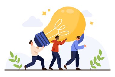 Takım çalışmasını, yaratıcılığı, yeniliği ve beyaz izole edilmiş bir arka plan çiziminde işbirliği yapmayı sembolize eden dev bir ampulü taşımak için birlikte çalışan üç farklı insan.