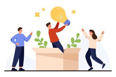 Yaratıcı fikri kutlayan insanlar, beyaz izole edilmiş arka plan çizimi üzerine beyin fırtınası yaparak takım çalışması yeniliğinden doğan ampulle kutluyorlar.