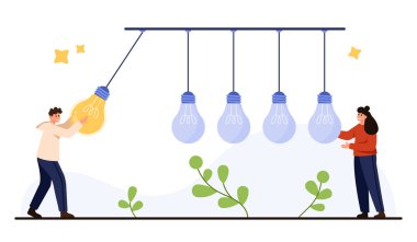 İki kişi, beyaz arka plan vektör çizimi üzerine yeni fikirleri ve yaratıcı başlangıçları, iş veya eğitimi sembolize eden parlak ampullerle yenilikleri ateşlemek için işbirliği yapıyor.
