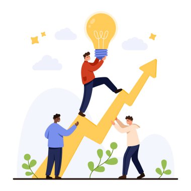 Ekonomik hedeflere ulaşmak için birlikte çalışan iş ekibi, beyaz arkaplan vektör ilülasyonunda yükselen ok ve ampulle başarıyı, yeniliği ve ilerlemeyi sembolize ediyor