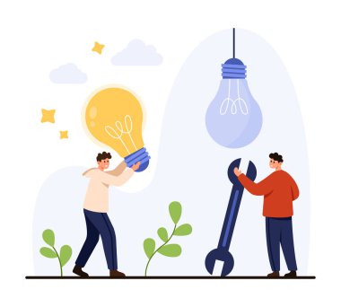 İki kişi dev bir ampul ve ingiliz anahtarıyla birlikte yenilikçi takım çalışmasını, yaratıcılığı ve problem çözmeyi, iş kurmayı veya beyaz arka plan vektör ilüstrasyonunda izole edilmiş beyin fırtınasını sembolize ediyor.