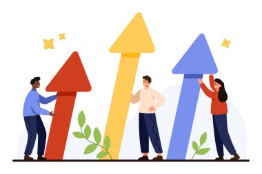 İş büyümesini, takım çalışmasını ve başarıyı sembolize eden renkli yukarı doğru okları kaldırmak için işbirliği yapan insanlar, liderlik, motivasyon ve beyaz arka plan vektör ilüstrasyonunda izole edilmiş başarı kavramları için mükemmel
