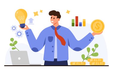 Gülen işadamı elinde ampul ve sikke tutarak yenilikçi fikirleri büyüme grafikleriyle paraya çevirmeyi simgeliyor. İş başarısı kavramı için dizüstü bilgisayar beyaz arka plan vektör ilülasyonunda izole edilmiş.