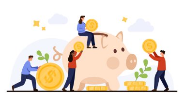 Tasarruf, mali planlama, yatırım ve para yönetimini sembolize eden büyük bir domuz kumbarasına para koyan bir grup insan, beyaz arka plan vektör ilüstrasyonunda izole edilmiş.