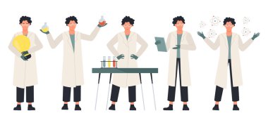 Laboratuar önlüklü erkek bilim adamı, beyaz arka plan vektör illüstrasyonunda izole edilmiş eğitim, sunumlar ve BTMM projeleri için mükemmel ekipman, deney ve araştırma konseptleri ile çeşitli bilimsel aktiviteler gerçekleştiriyor.