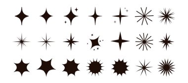 Farklı şekillerdeki yıldızlar simge seti, parlak ışık ve parlaklıktaki siyah tasarım elementleri, yıldız patlaması. Geometrik yıldızlar parıldıyor ve parıldıyor, basit minimum kıvılcımlar parıldıyor ve vektör illüstrasyonu parlıyor