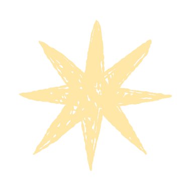 İzole edilmiş beyaz arka plan çizimi üzerinde kaba el çizimi deseni olan büyük soyut sarı yıldız şekli