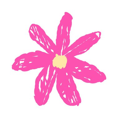 Sarı merkezli parlak pembe çiçek, neşeli bir çocuk tarzında izole edilmiş vektör illüstrasyonu çiziyor.