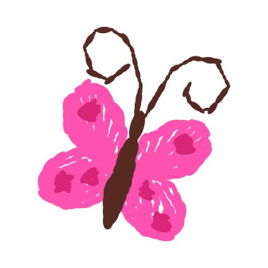 Beyaz izole edilmiş arka plan çizimine kahverengi antenli pembe kelebek çizen sevimli çocuklar.