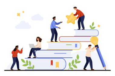 Büyük kitaplar üzerinde işbirliği yapan, dizüstü bilgisayar, yıldız ve kalem kullanan, takım çalışmasını, bilgiyi, yaratıcılığı, akademik başarıyı, kişisel gelişimi, beyaz arkaplan vektör ilülasyonunda izole olmayı simgeleyen insanlar