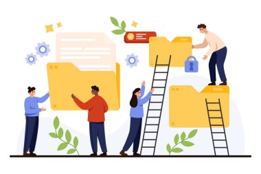 İş organizasyonu, takım çalışması ve iş akışı iyileştirmesi için dijital belgeler, klasörler ve veri güvenliğini yönetmek için işbirliği yapan insanlar beyaz arkaplan vektör ilülasyonunda izole edildi