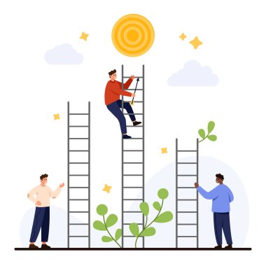Üç kişi, beyaz arka plan vektör illüstrasyonunda izole edilmiş, iş ve kişisel gelişimde rekabeti, başarıyı ve başarıyı simgeleyen bir hedefe doğru tırmanıyor.