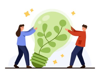 Çevre dostu ekip çalışması, elinde büyük yeşil ampulle bitkiyi temsil eden, yenilenebilir enerji sürdürülebilirliğini, beyaz arkaplan vektör ilülasyonunda izole edilmiş çevresel farkındalığı sembolize eden,
