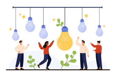 Yeni fikri parlayan ampulle kutlayan insanlar yenilikçiliği sembolize eden takım çalışması yaratıcılık keşfi ve iş başarısı için beyin fırtınası yapan insanlar beyaz arka plan vektör ilülasyonunda izole edildi