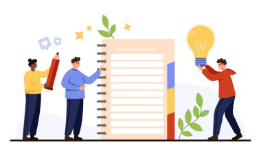 Yaratıcı ekip, beyaz arka plan vektör illüstrasyonuna izole edilmiş günlük, not alma ve üretkenlik için geniş bir spiral defter kavramına fikirler yazıp beyin fırtınası yapıyor.