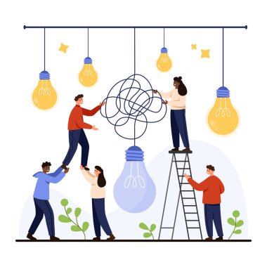 Beyaz arkaplan vektör illüstrasyonunda izole edilmiş fikir ve çözümleri sembolize eden parıldayan ampullerle çevrili, takım çalışması ve yenilikle karmaşık bir sorunu çözmek için işbirliği yapan insanlar