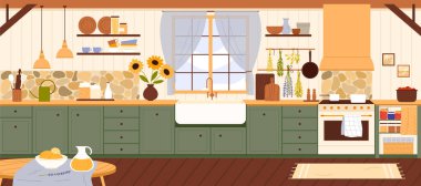 Modern mutfak iç mimarisi, ahşap mobilyalar ve yemek ekipmanları, sade dekorasyon. Pencere kenarında lavabo, rafta tabaklar, vazoda çiçekler, yerde halı, çizgi film çizimi.