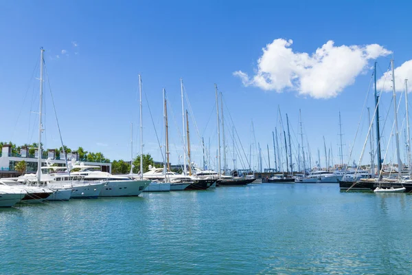 stock image Unique panoramic skyline view of yachts and sailing boats along famous Palma de Mallorca Carrer Del Moll. Travel concept.