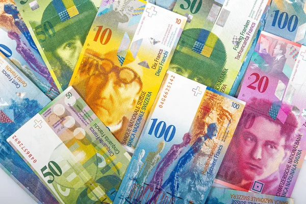 Sistema Monetario Suizo Billetes Varios Valores Moneda Suiza — Foto de Stock