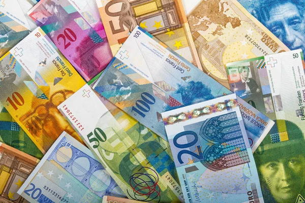 Sistema Monetario Suizo Moneda Suiza Billetes Diversos Valores — Foto de Stock