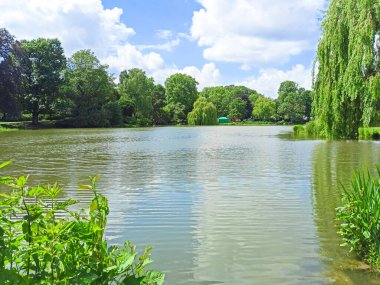 Masch Park ve göl manzaralı panoramik gökyüzü, New Town Hall, Hannover, Almanya. Parlak yeşil ağaçlar yapraklar ve yaz mavi gökyüzü sakin göl sularında yansıyor..