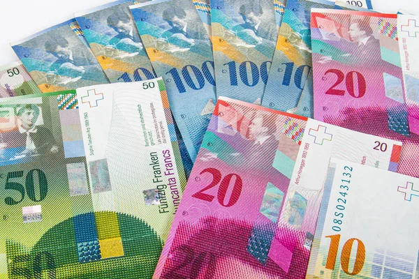Sistema Monetario Suizo Billetes Varios Valores Moneda Suiza — Foto de Stock