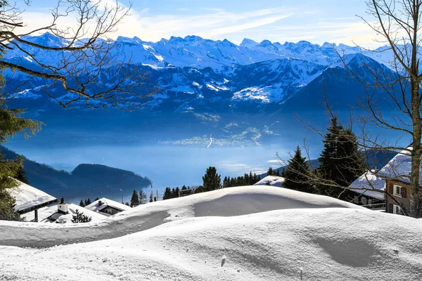 Vista Única Inverno Paraíso Estância Esqui Montanha Rigi Lago Lucerna Imagem De Stock