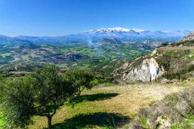 Archanes kırsal bölgesinin eşsiz panoramik hava manzarası gerçek dünya manzarası. Baharda yeşil çayırlar, tepeler, dağlar, zeytin ağaçları ve üzüm bağları. Heraklion, Girit, Yunanistan